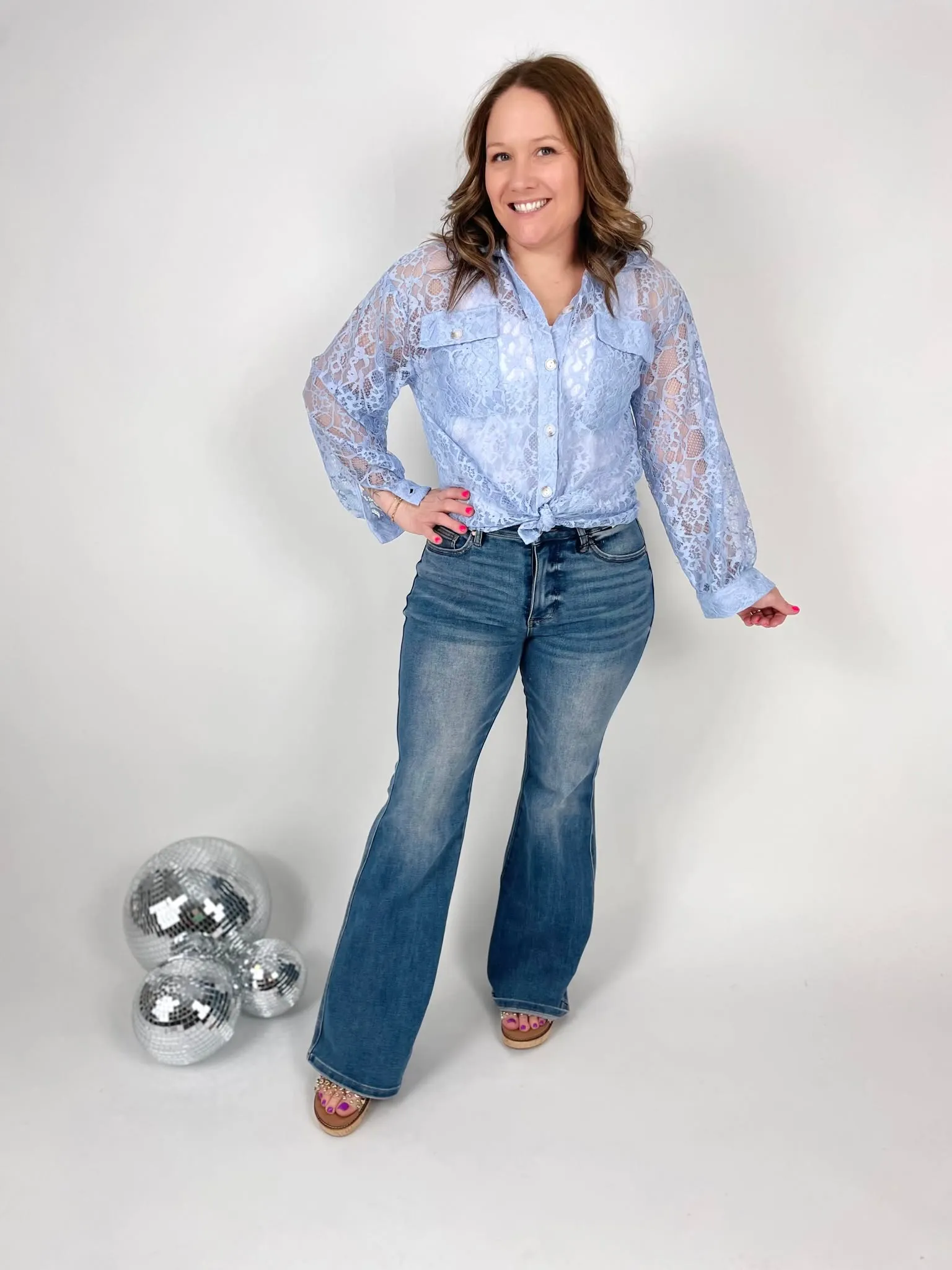 Lace Cascade Shacket Blouse in Light Blue