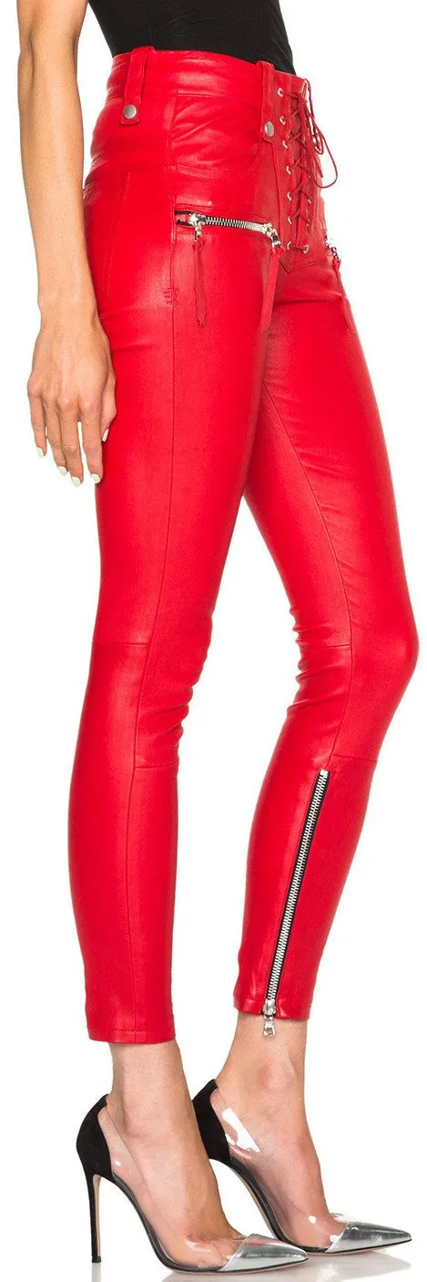 Lace Front Faux-Leather Skinny Pants in Red