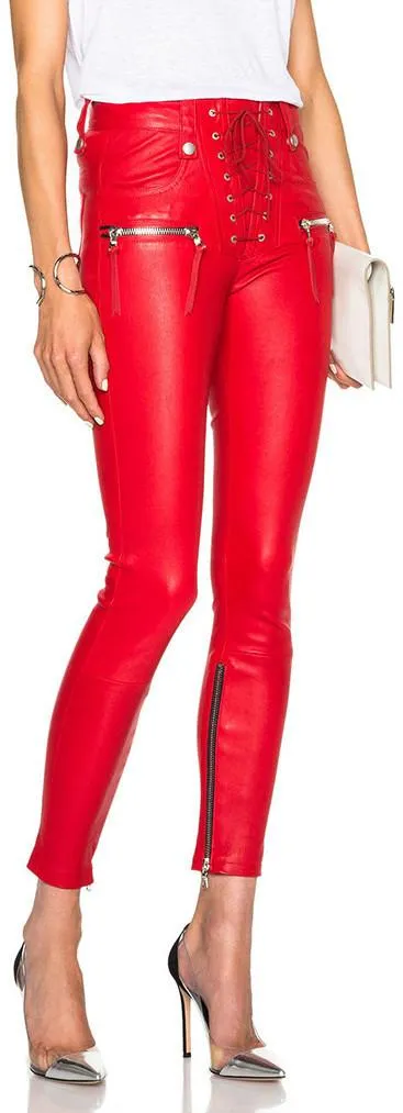 Lace Front Faux-Leather Skinny Pants in Red
