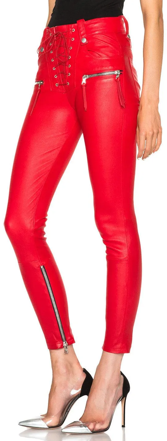 Lace Front Faux-Leather Skinny Pants in Red