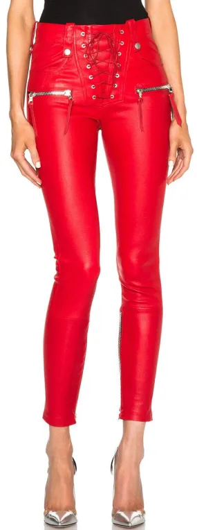 Lace Front Faux-Leather Skinny Pants in Red