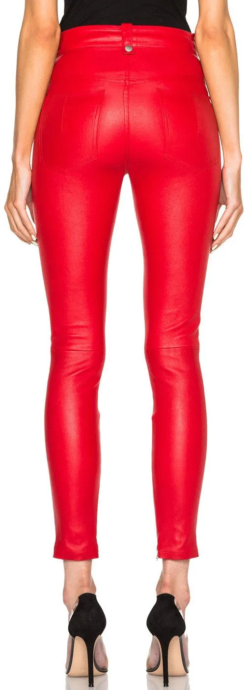 Lace Front Faux-Leather Skinny Pants in Red