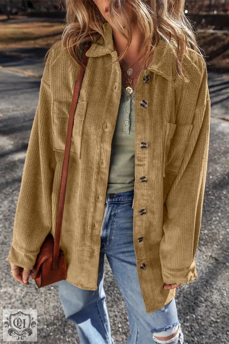 Light French Beige Patched Pocket Button Up Corduroy Shacket