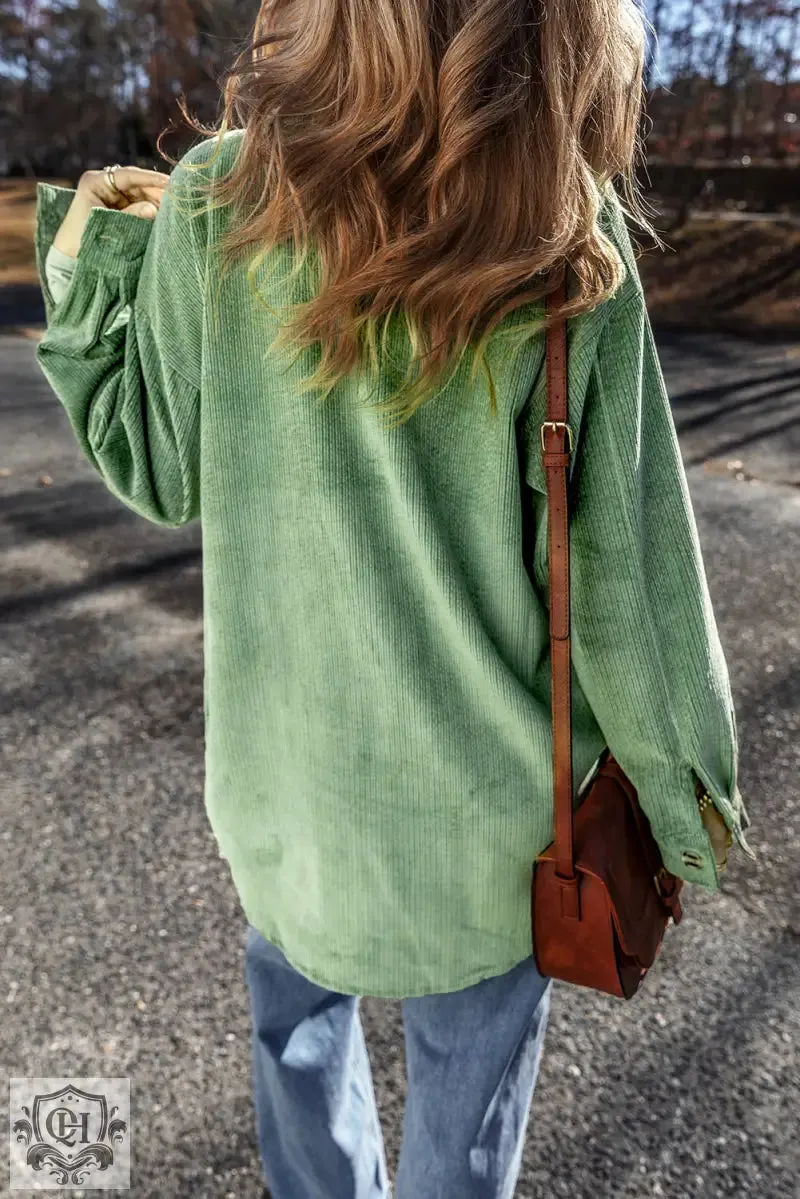 Light French Beige Patched Pocket Button Up Corduroy Shacket