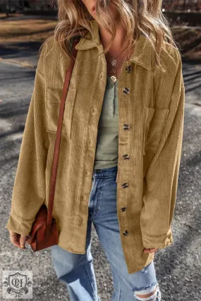 Light French Beige Patched Pocket Button Up Corduroy Shacket