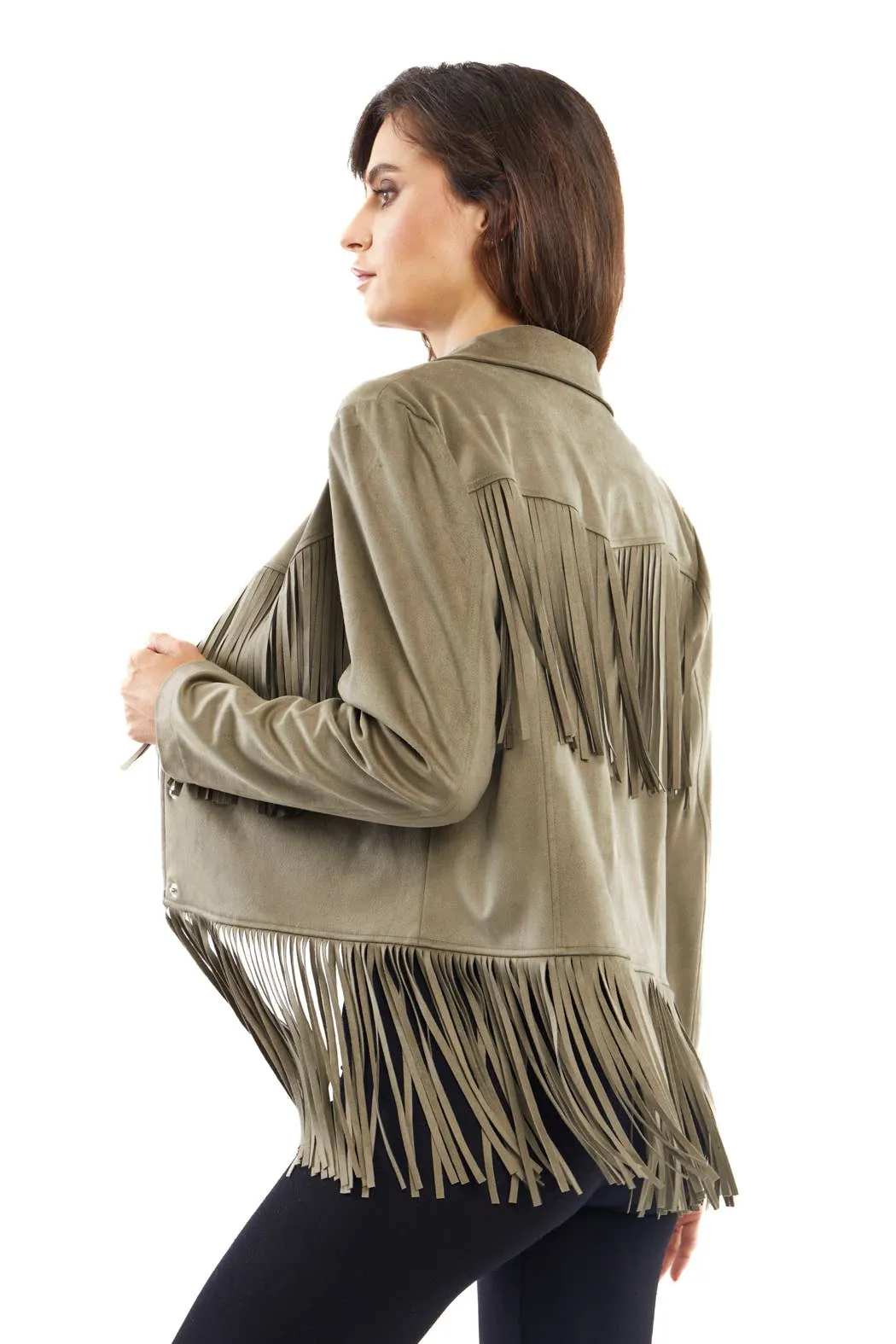 Light Green Vegan Suede Fringed Jacket