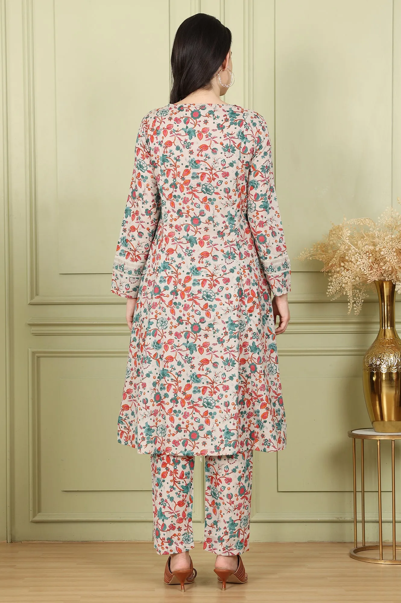 Light Grey Pure Cotton Flared Kurta And Pants Co-Ord Set With Floral Motifs All-Over