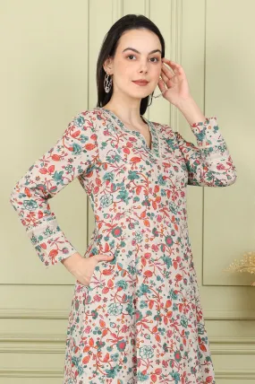 Light Grey Pure Cotton Flared Kurta And Pants Co-Ord Set With Floral Motifs All-Over
