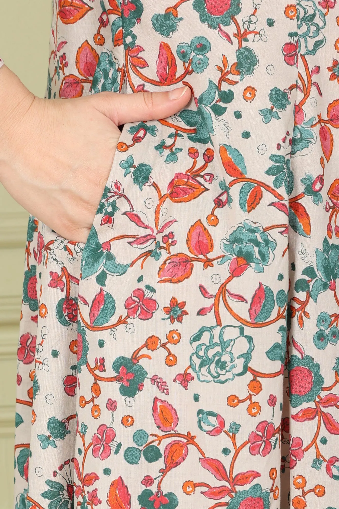 Light Grey Pure Cotton Flared Kurta And Pants Co-Ord Set With Floral Motifs All-Over