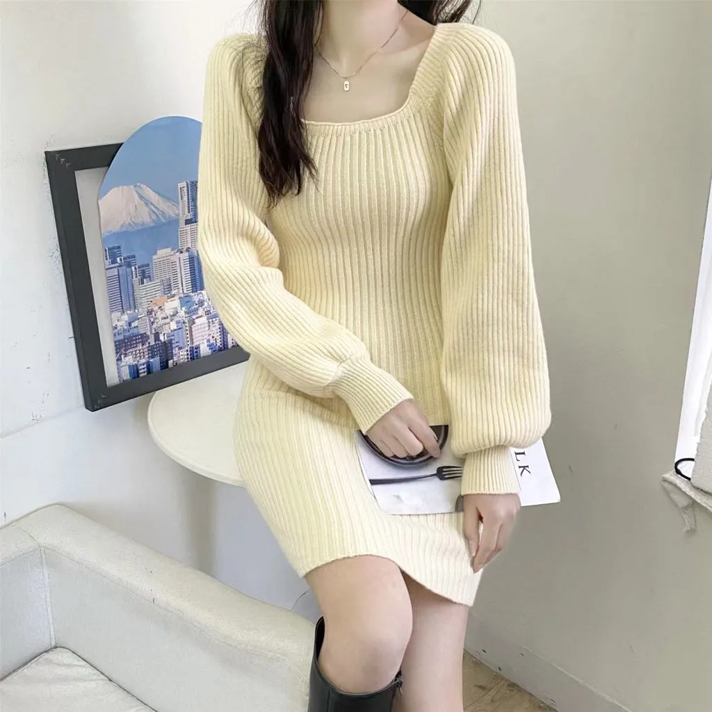 Loose Square Neck Knitted Sweater Dress