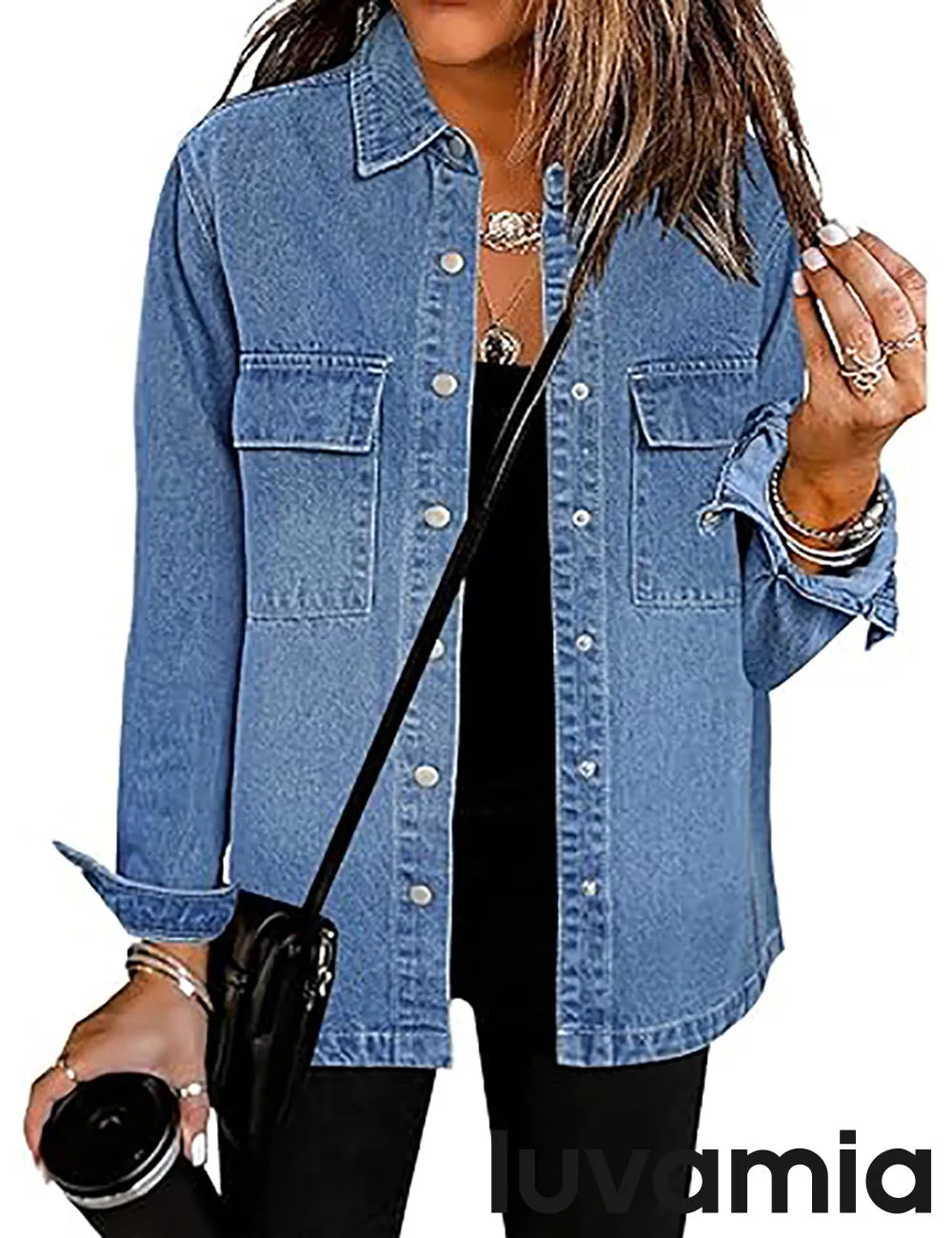 luvamia 2025 Jean Jackets for Women Fashion Oversized Button Down Denim Jacket Western Fall Shacket Jacket with Pockets