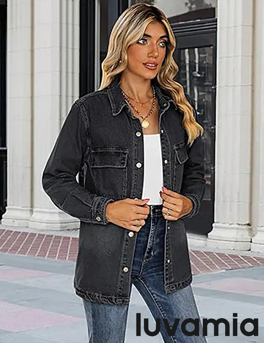 luvamia 2025 Jean Jackets for Women Fashion Oversized Button Down Denim Jacket Western Fall Shacket Jacket with Pockets