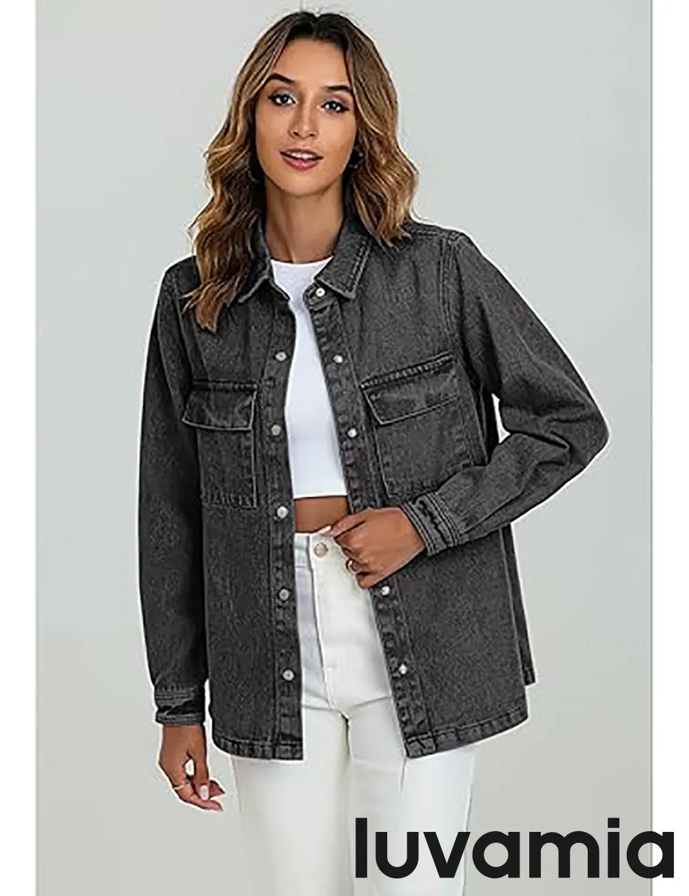 luvamia 2025 Jean Jackets for Women Fashion Oversized Button Down Denim Jacket Western Fall Shacket Jacket with Pockets