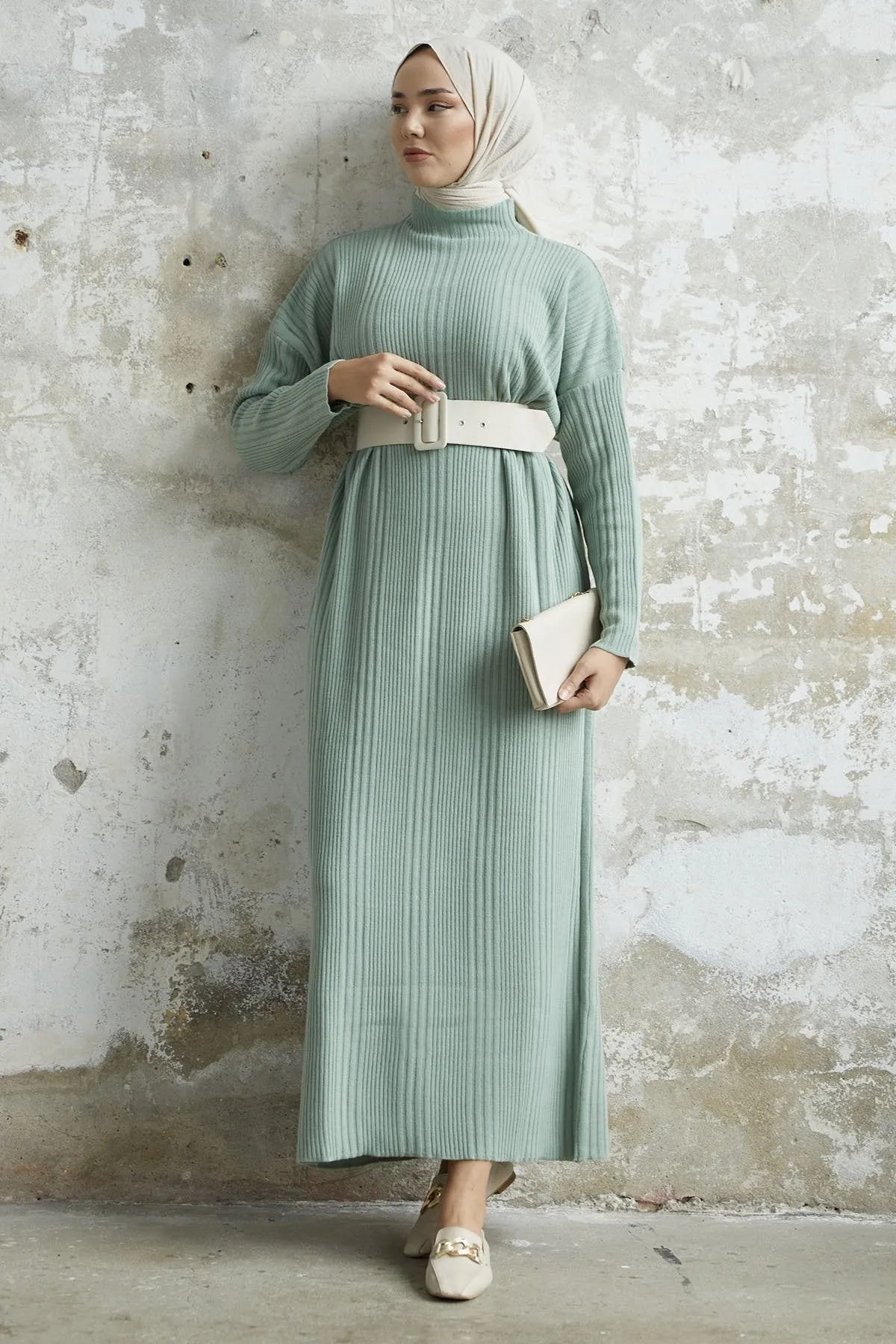 MDS Women Arissa Fisherman Collar Long Knit Dress - Mint - Molina de Segura