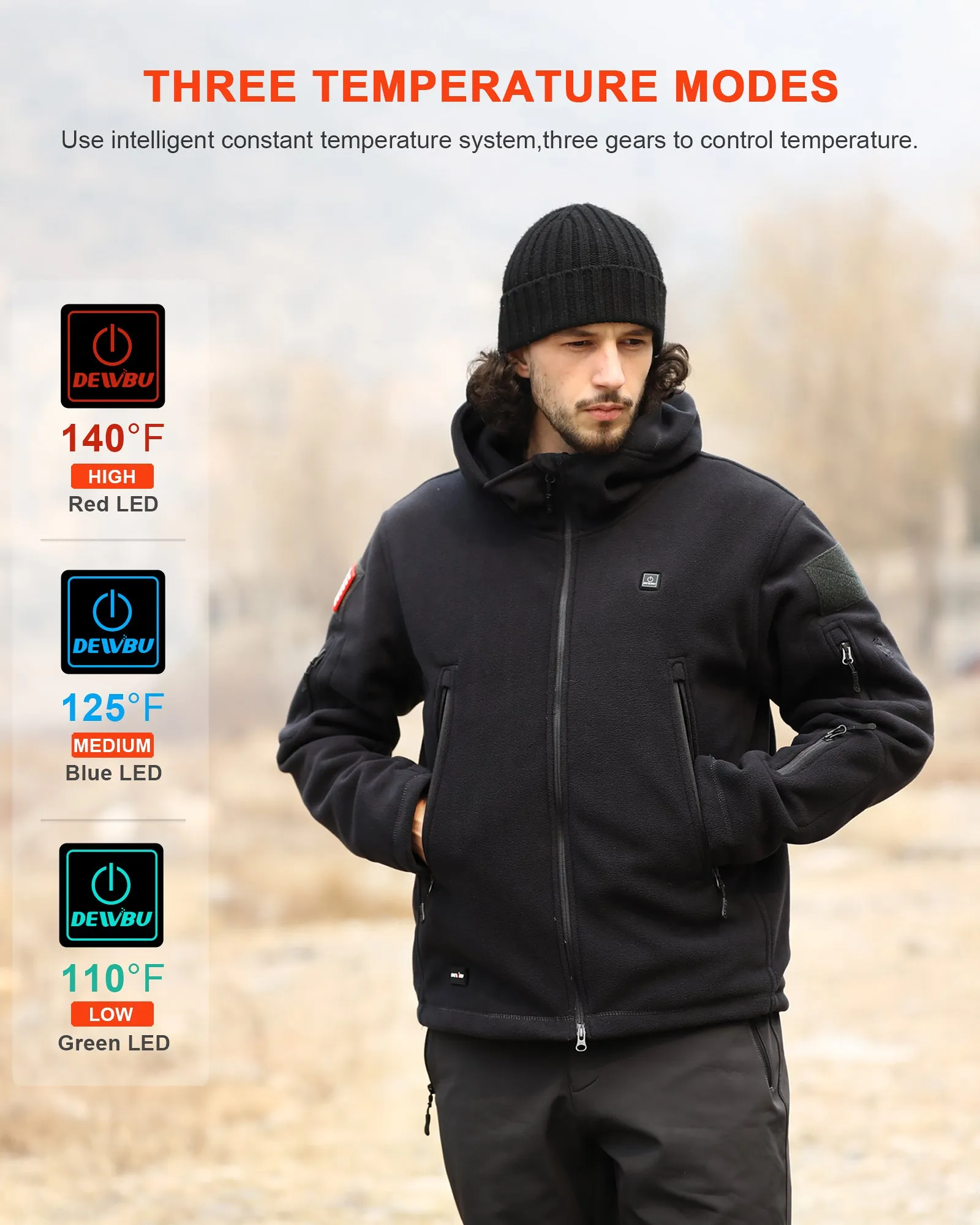 Men's Polar Fleece Heated Jacket With 12V Battery Pack - Black