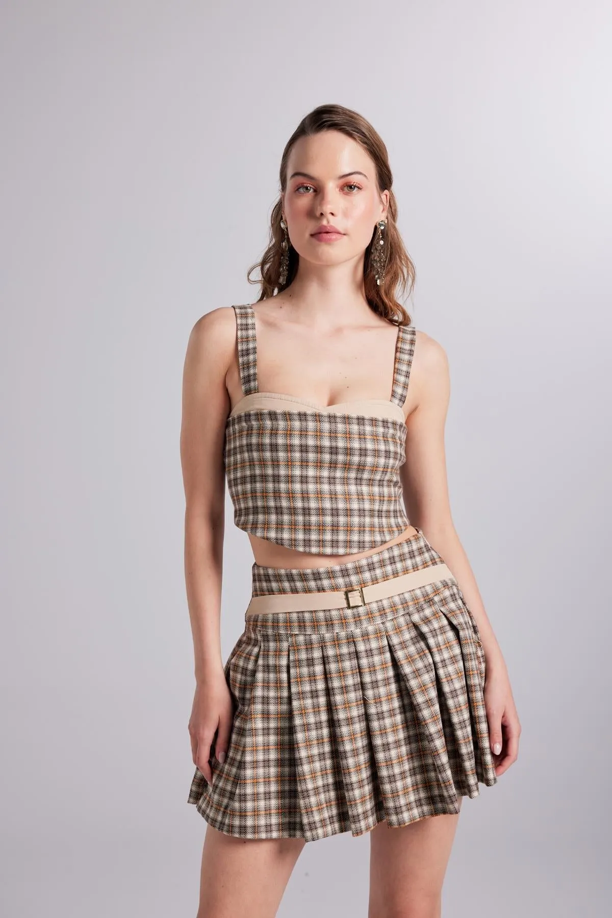 Merida Plaid Mini Shorts Skirt Beige