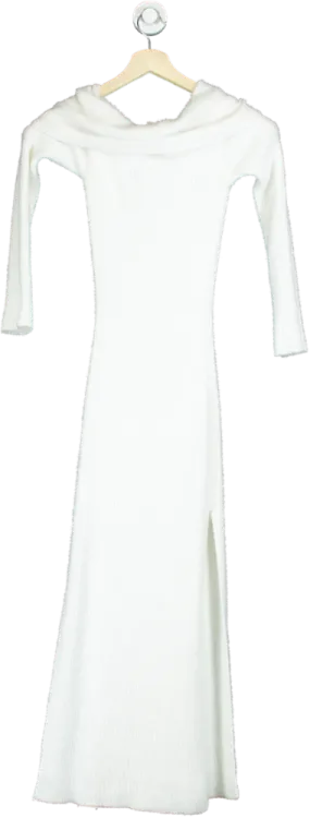 Misspap White Ribbed Knit Off-Shoulder Maxi Dress UK S