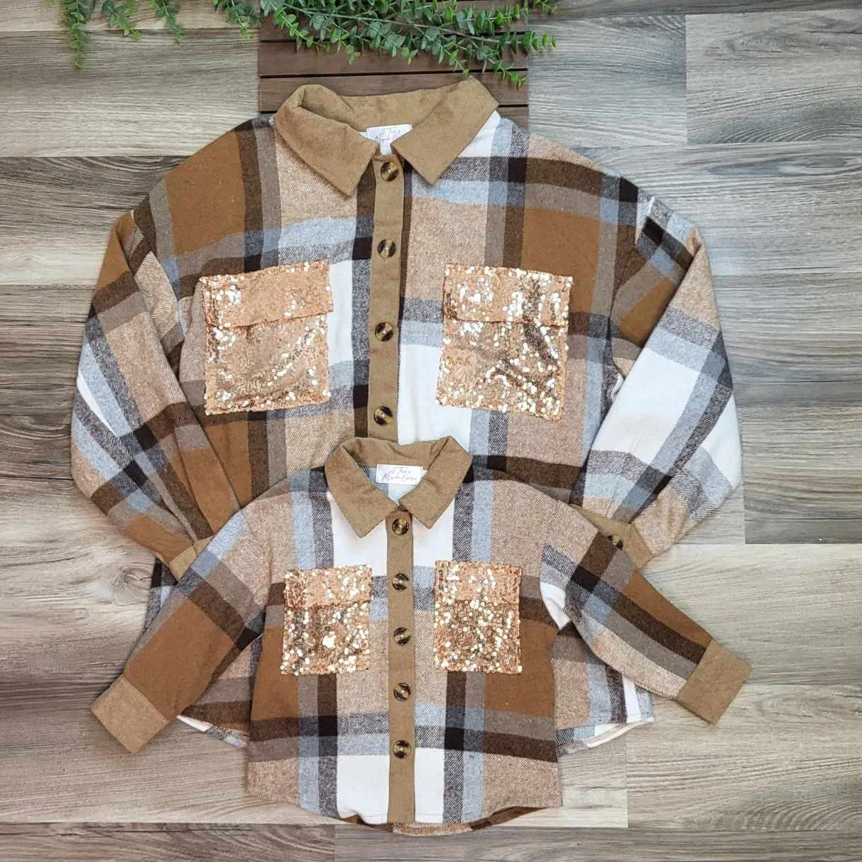 Mom & Me Brown Plaid Shacket with Sequin Pockets-Kids