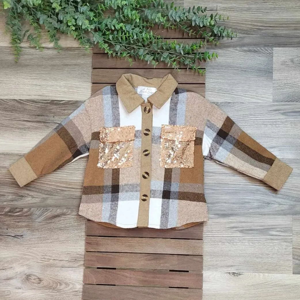 Mom & Me Brown Plaid Shacket with Sequin Pockets-Kids