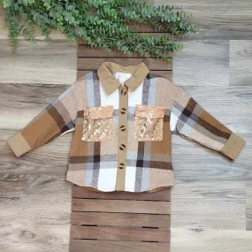 Mom & Me Brown Plaid Shacket with Sequin Pockets-Kids
