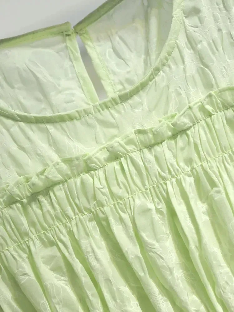 MQTIME  -  Green Fresh Dress for Women Summer 2024 New Style Sweet Fairy Pleated Round Neck Short Sleeve Long Dress