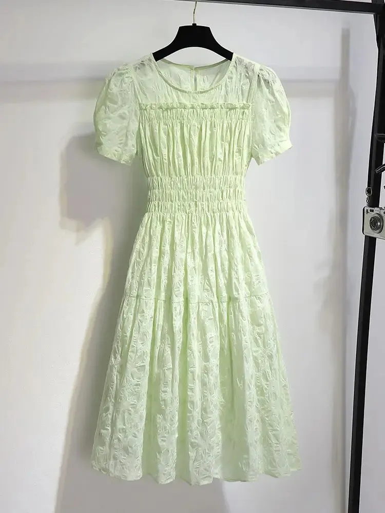 MQTIME  -  Green Fresh Dress for Women Summer 2024 New Style Sweet Fairy Pleated Round Neck Short Sleeve Long Dress