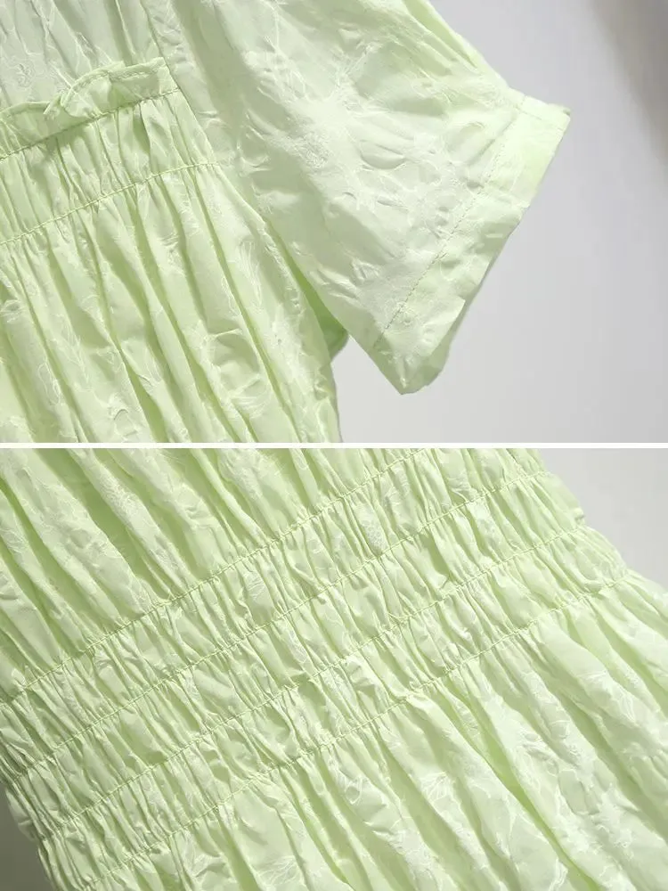 MQTIME  -  Green Fresh Dress for Women Summer 2024 New Style Sweet Fairy Pleated Round Neck Short Sleeve Long Dress