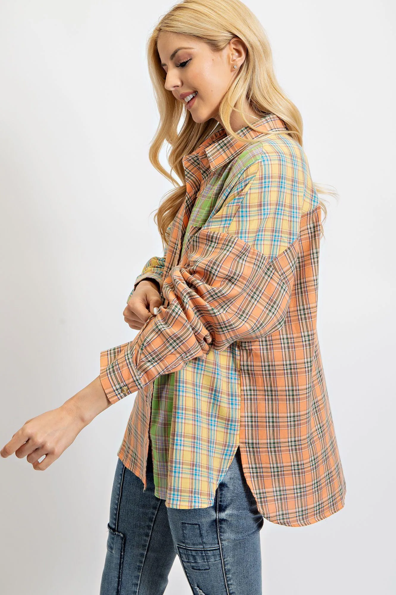Multi Color Mineral Washed Plaid Button Down by Easel ET70010