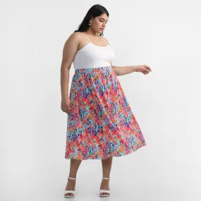 Multi Colored Floral Printed Plus Size Pleated Knit Skirt