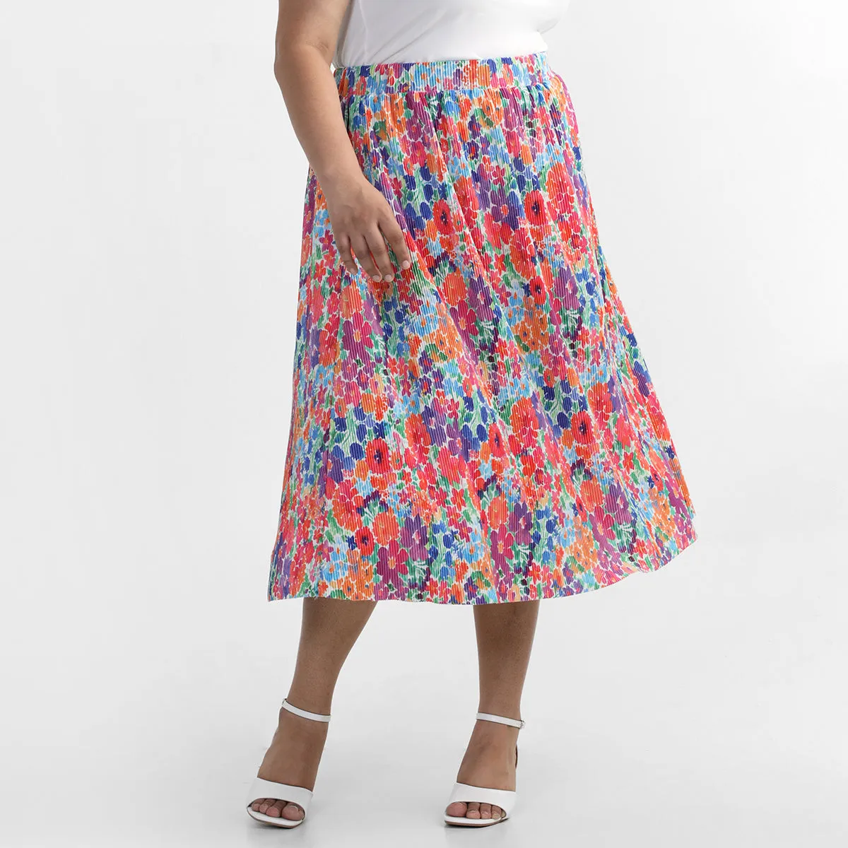 Multi Colored Floral Printed Plus Size Pleated Knit Skirt