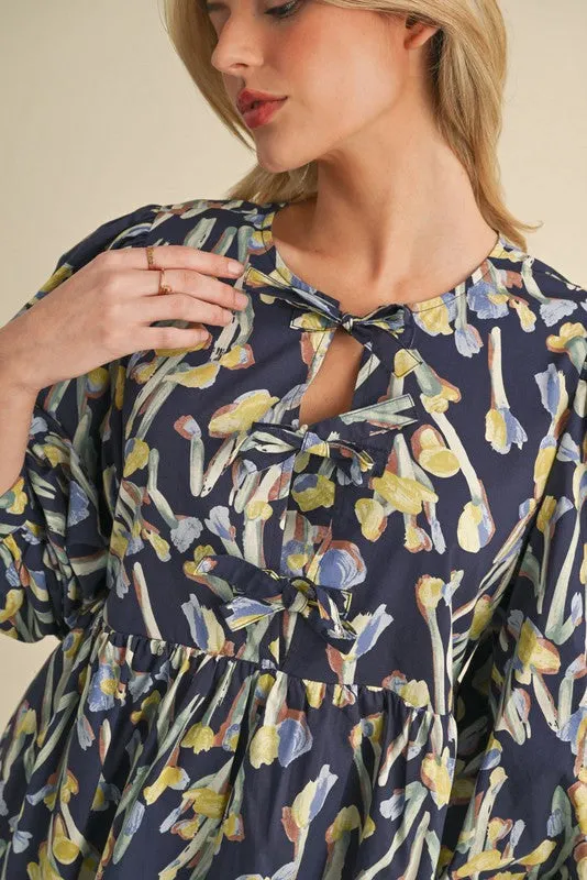 Navy Floral 3/4 Sleeve Babydoll Dress with Side Pockets