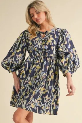 Navy Floral 3/4 Sleeve Babydoll Dress with Side Pockets