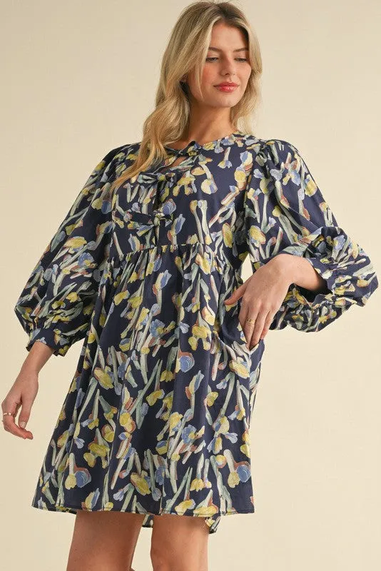 Navy Floral 3/4 Sleeve Babydoll Dress with Side Pockets