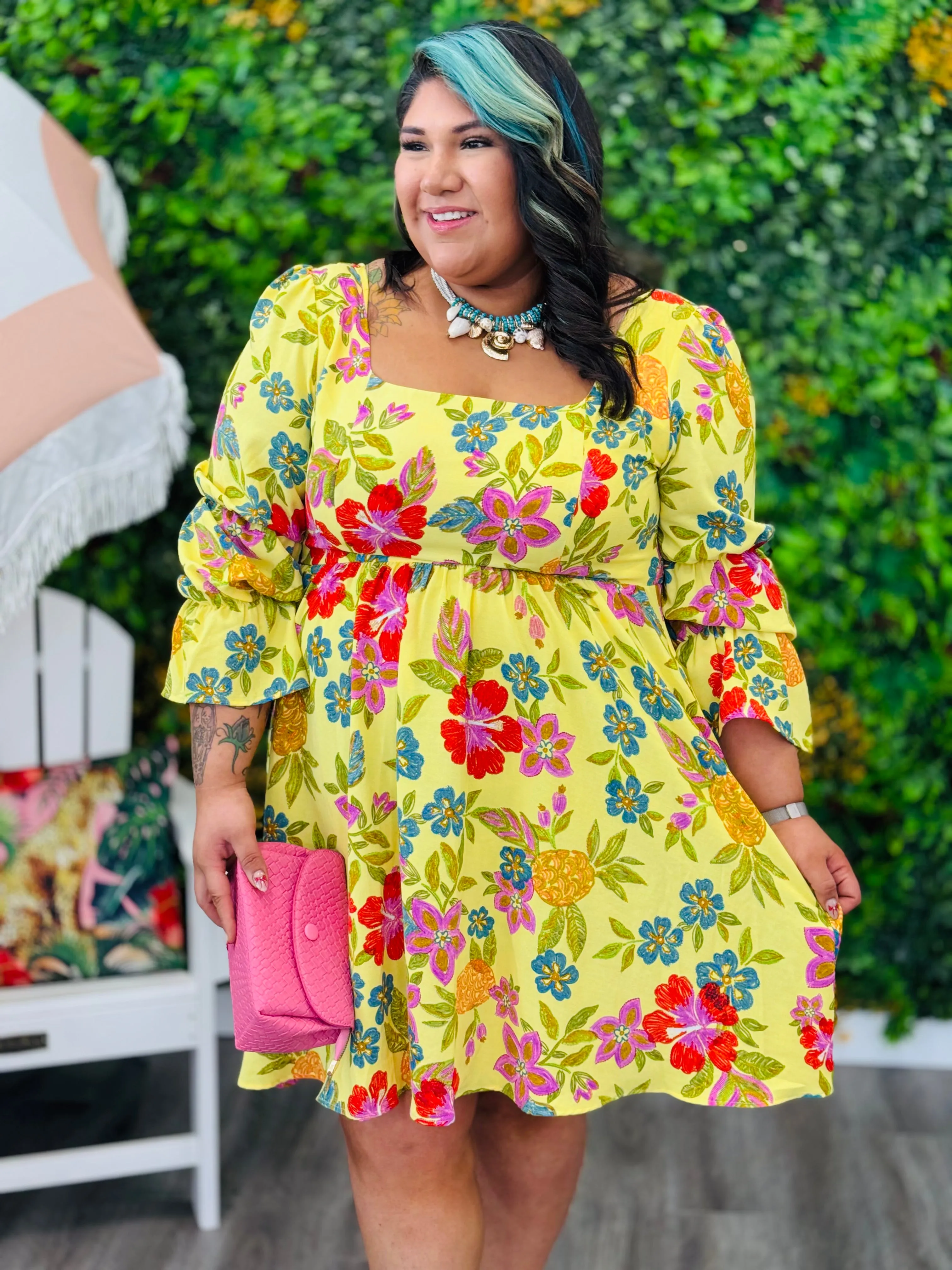 Pineapple Floral Embroidery Mini Dress (Reg & Plus)