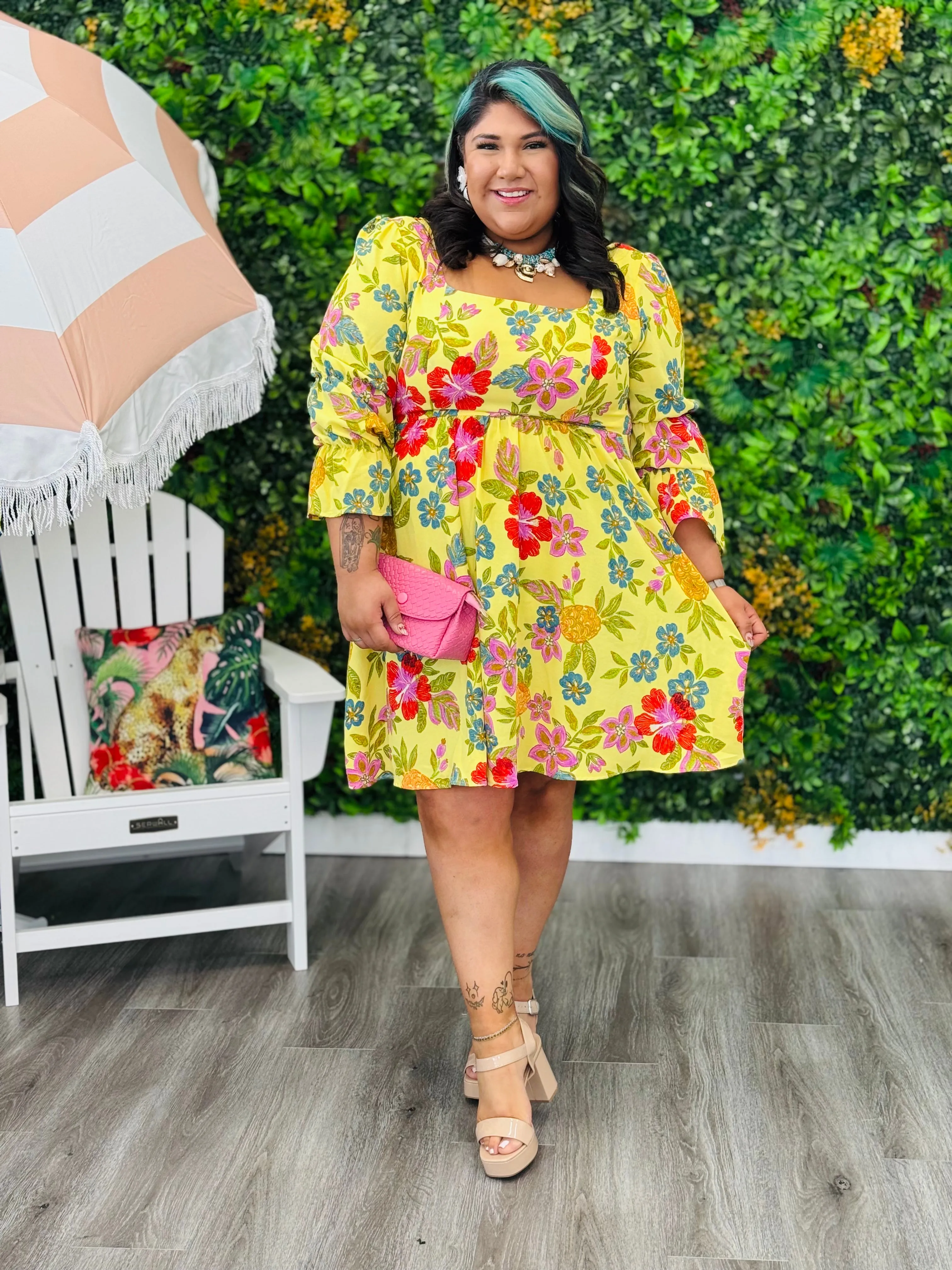 Pineapple Floral Embroidery Mini Dress (Reg & Plus)