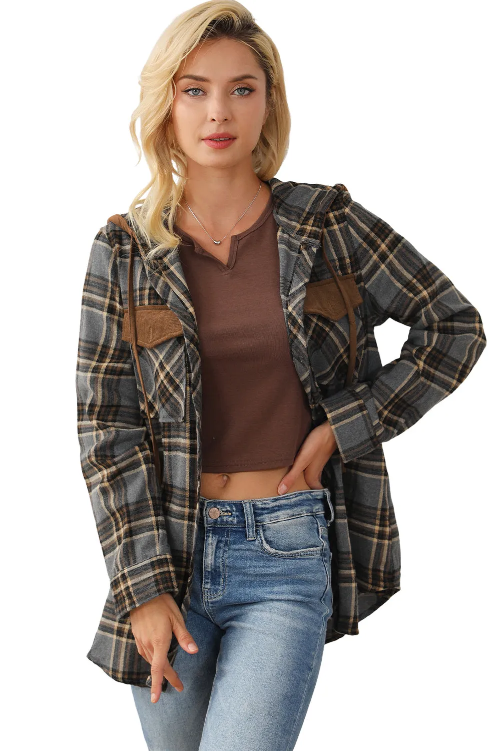 Pink Contrast Hooded Drawstring Plaid Shacket
