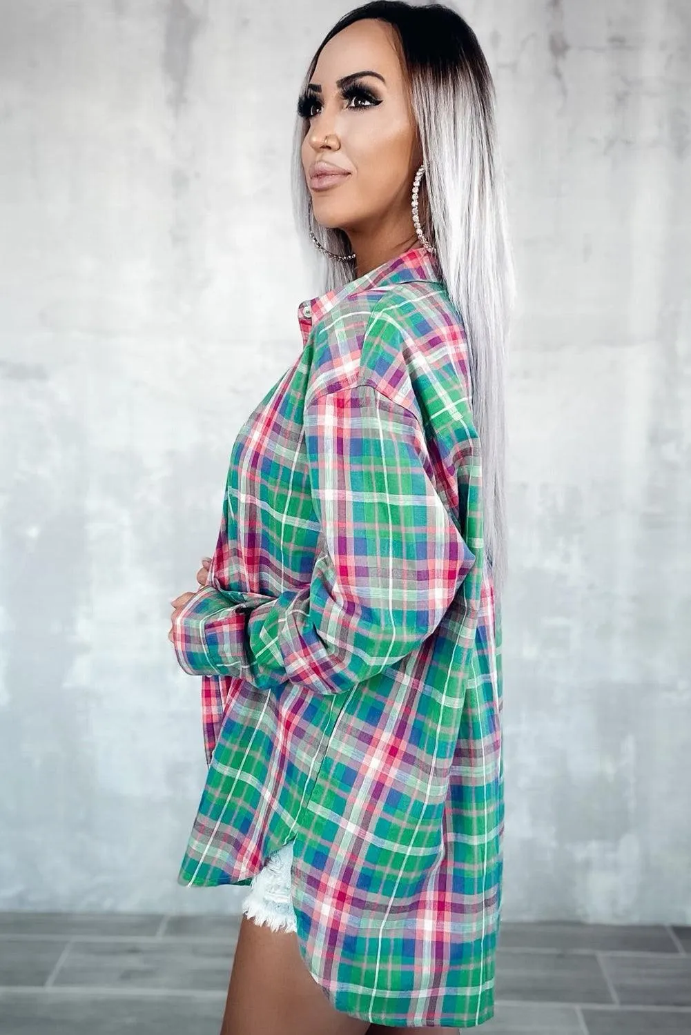 Plaid Long Sleeve Button Down Split Shirt