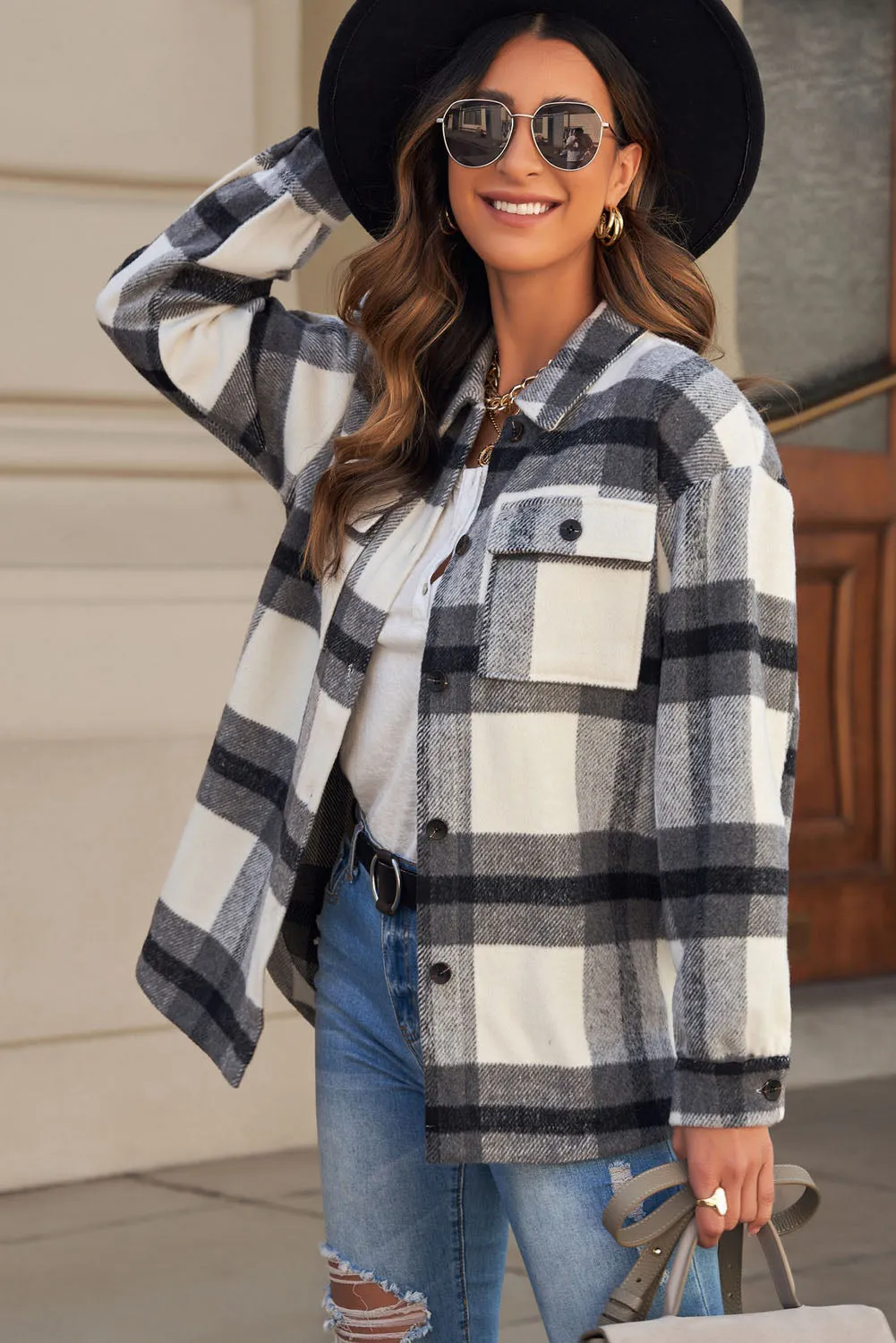 Plaid Print Pocket Women Shacket