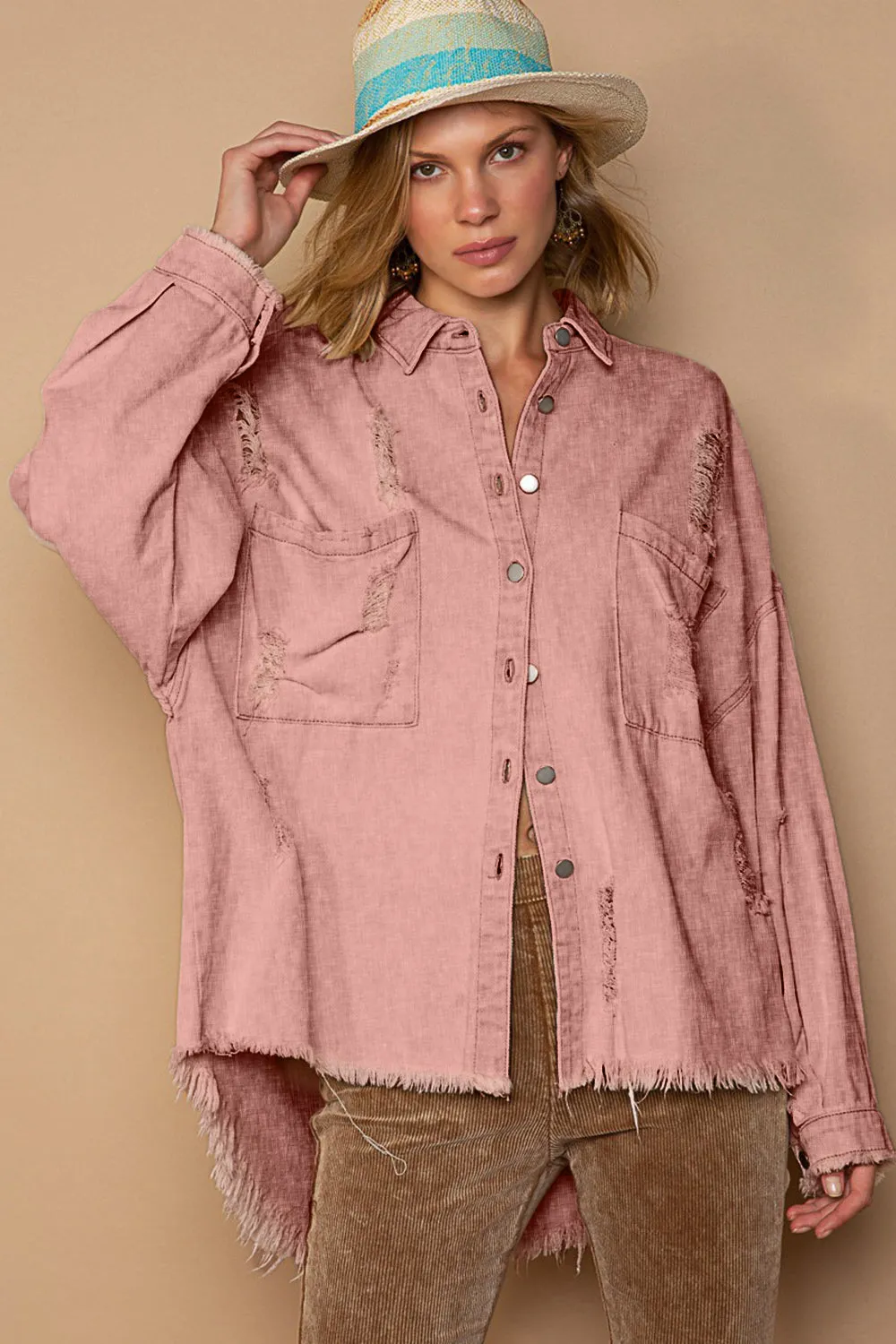 POL Boho Button Down Raw Hem Distressed Shacket
