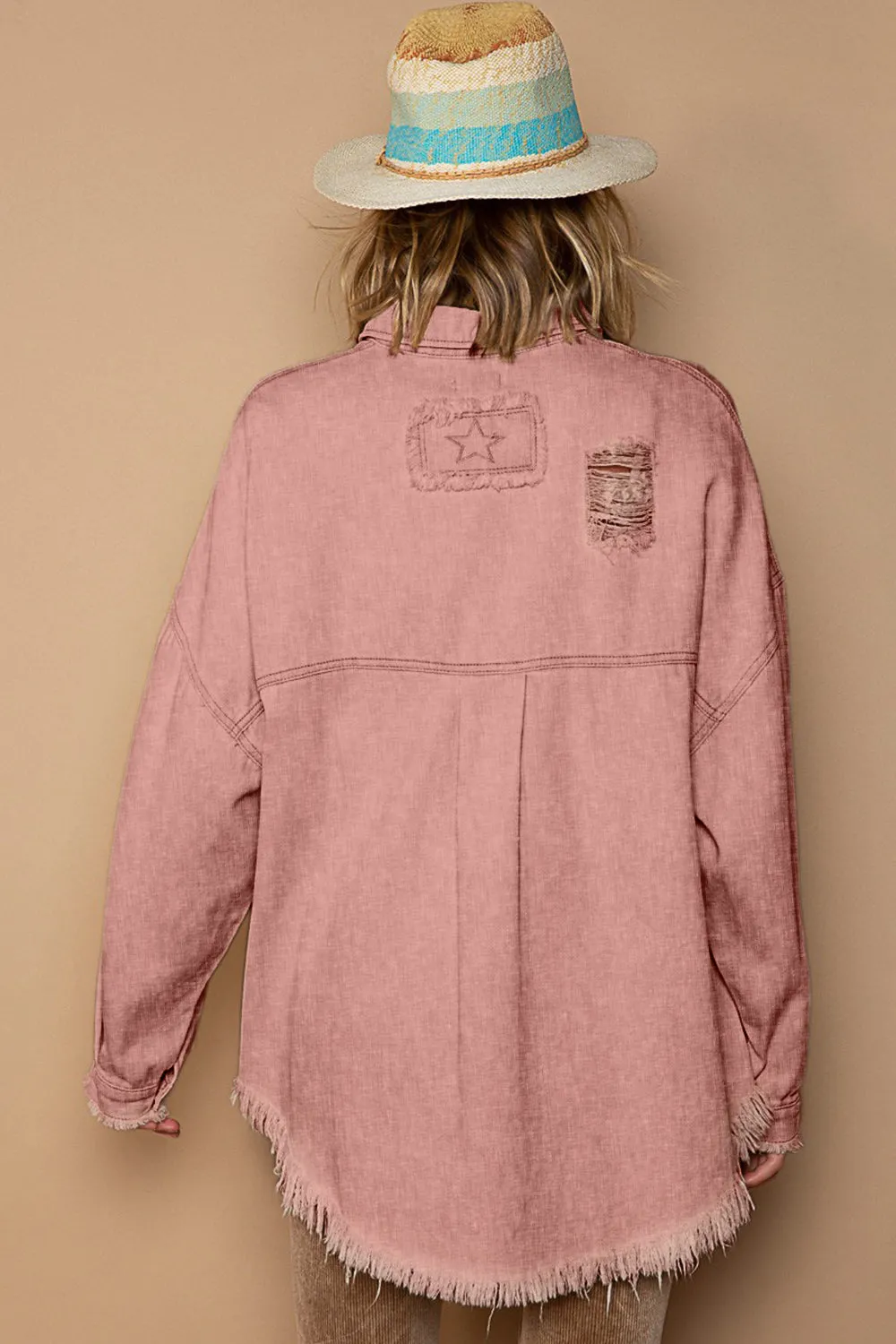 POL Boho Button Down Raw Hem Distressed Shacket