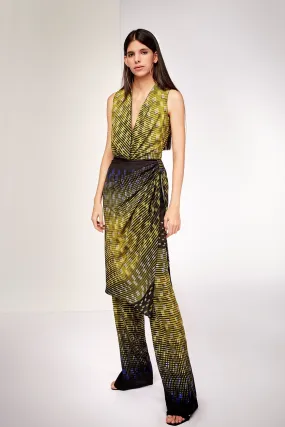 Printed Sleeveless Draped Blouse with Flared Pants