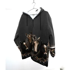 "Retail" VTG Black Canyon Outfitters Horse Graphic Fleece Full Zip Hooded Jacket Black XL