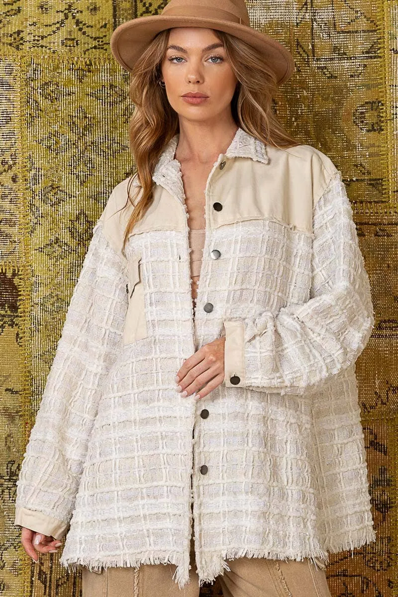 Raw edge tweed shacket