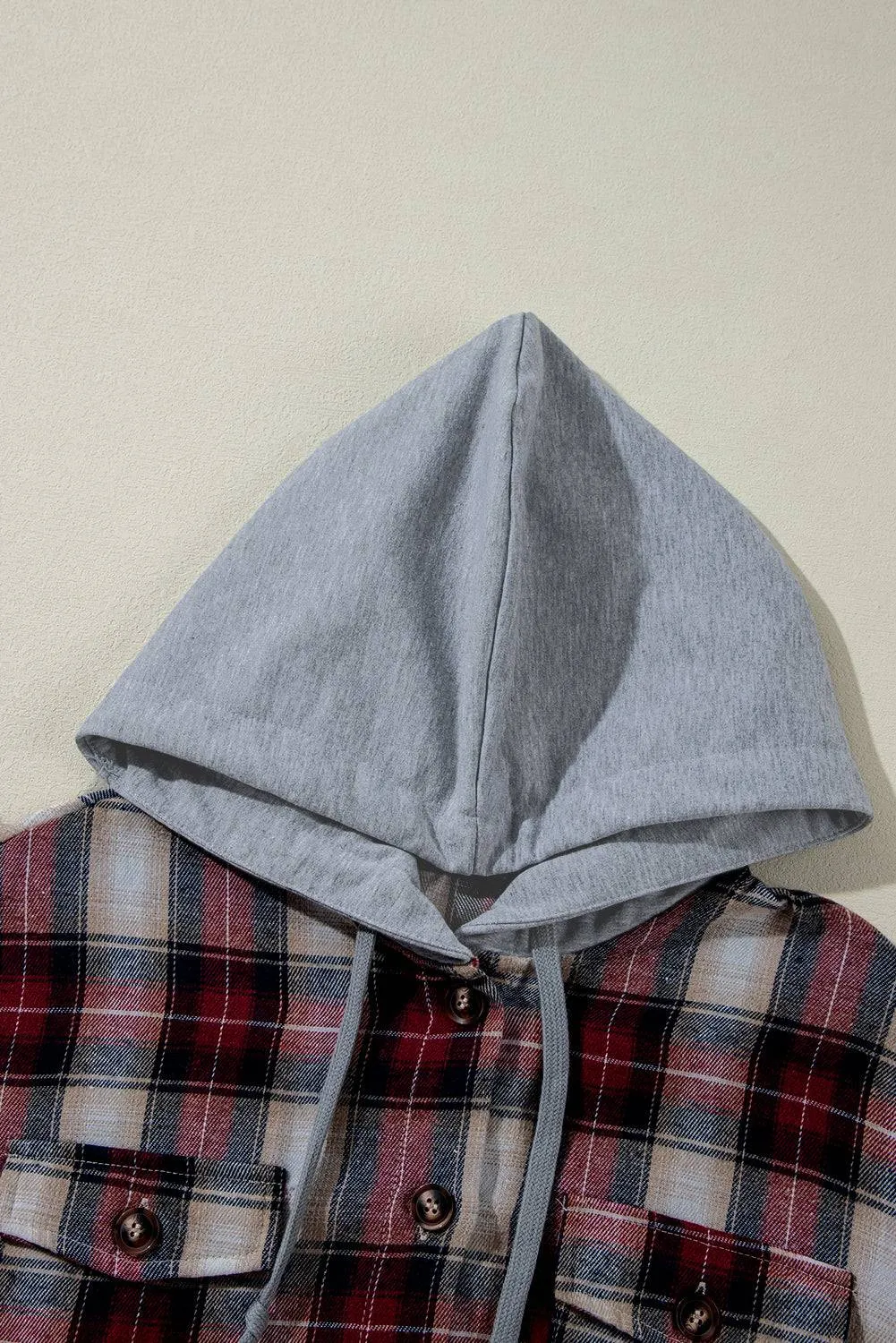 Red Plaid Print Chest Pocket Buttoned Hooded Shacket