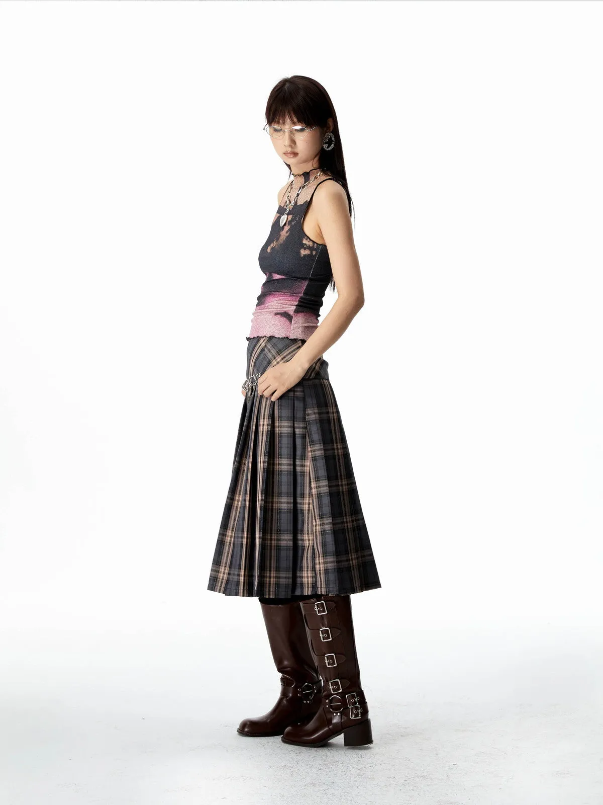 Ring Nichi Checked Pleats Girly Flare Skirt