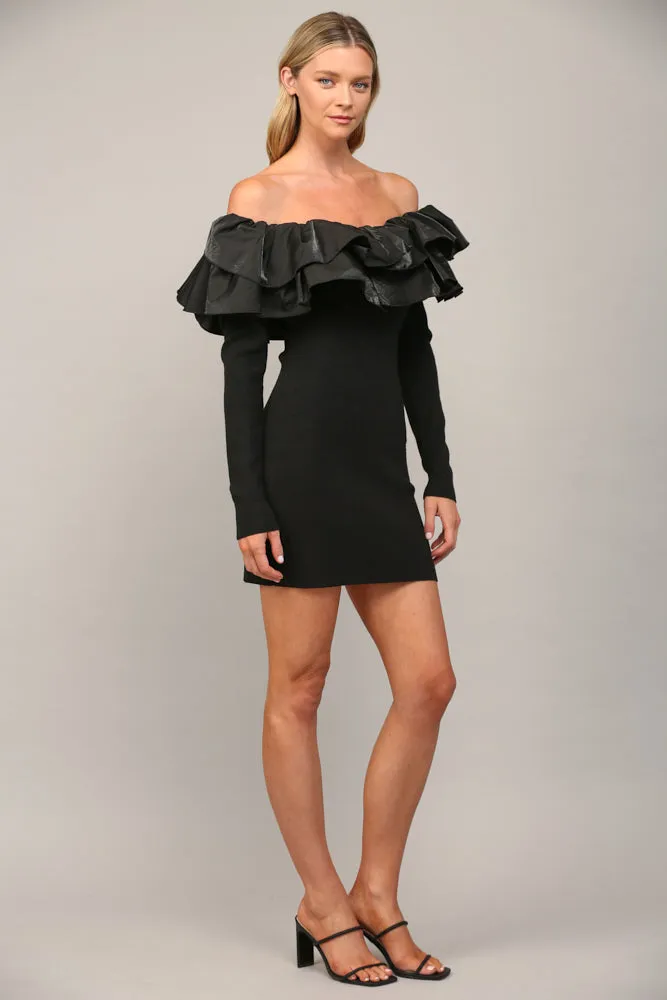 ruffle off the shoulder long sleeve knit dress
