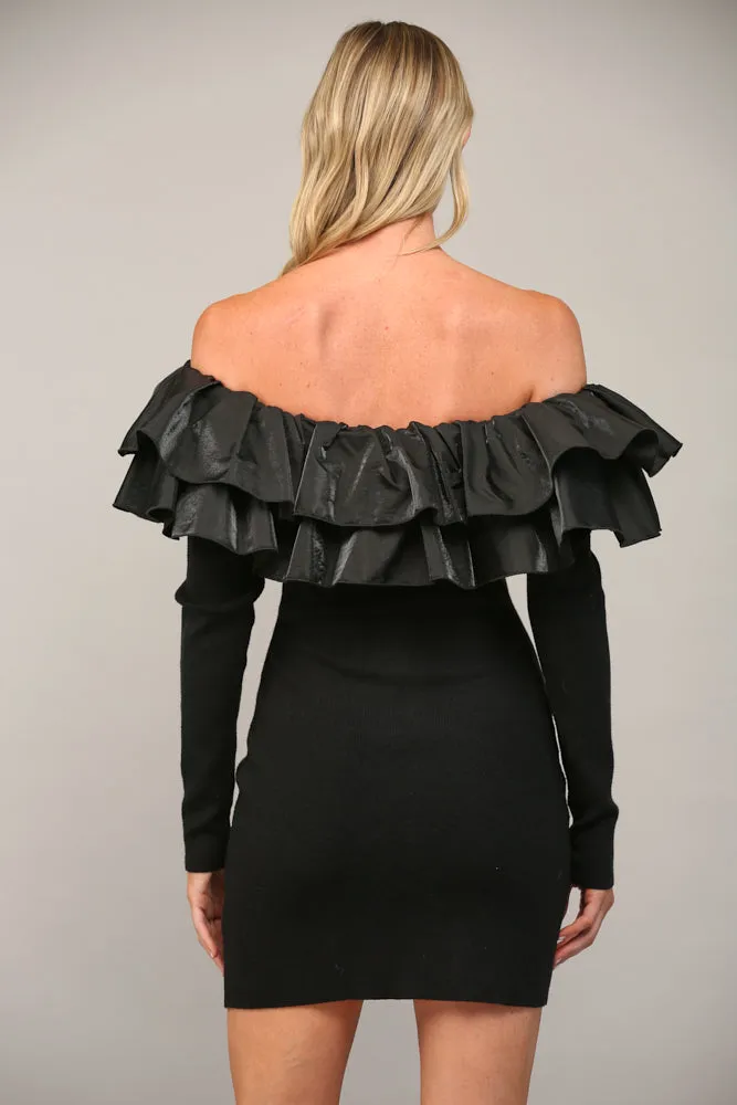 ruffle off the shoulder long sleeve knit dress