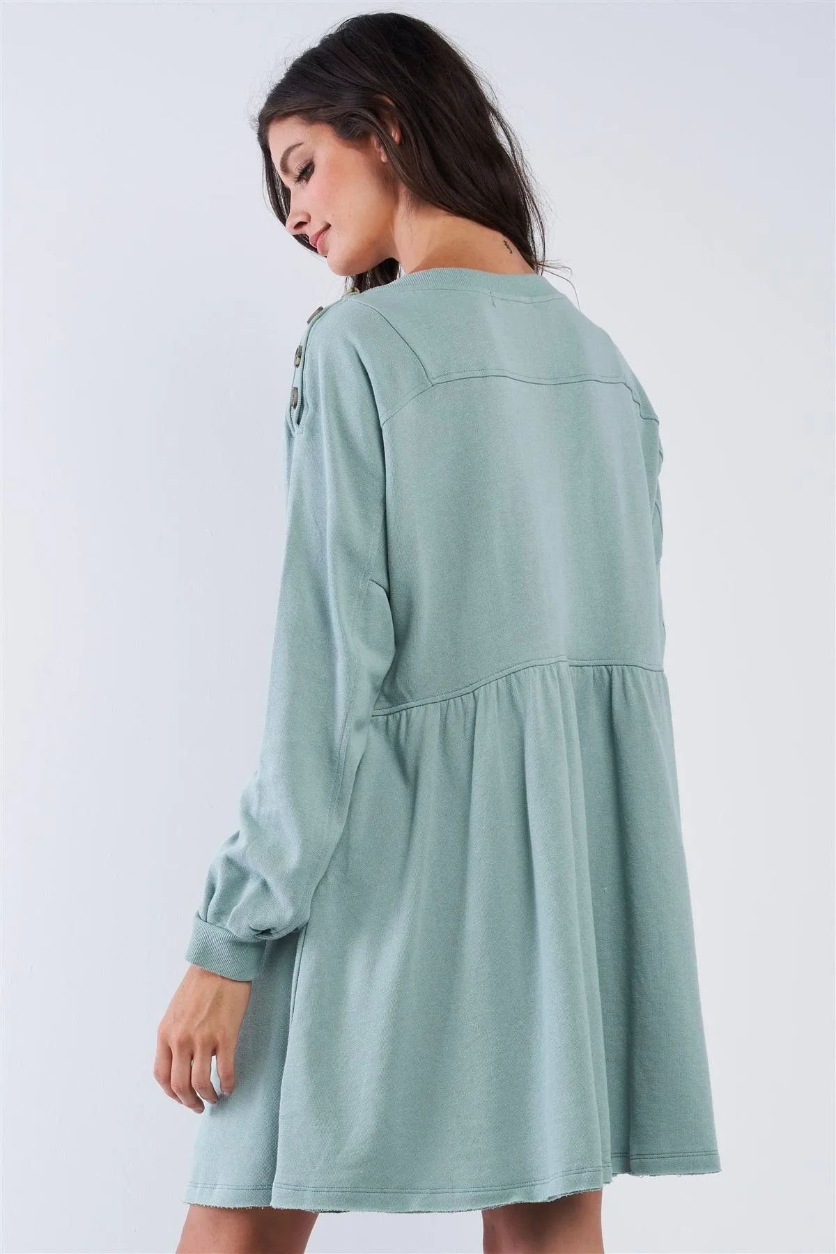 Sage Green Babydoll Loose Fit Crew Neck Long Puff Sleeve Mini Dress With Decorative Buttoned Shoulder Detail /3-2-1