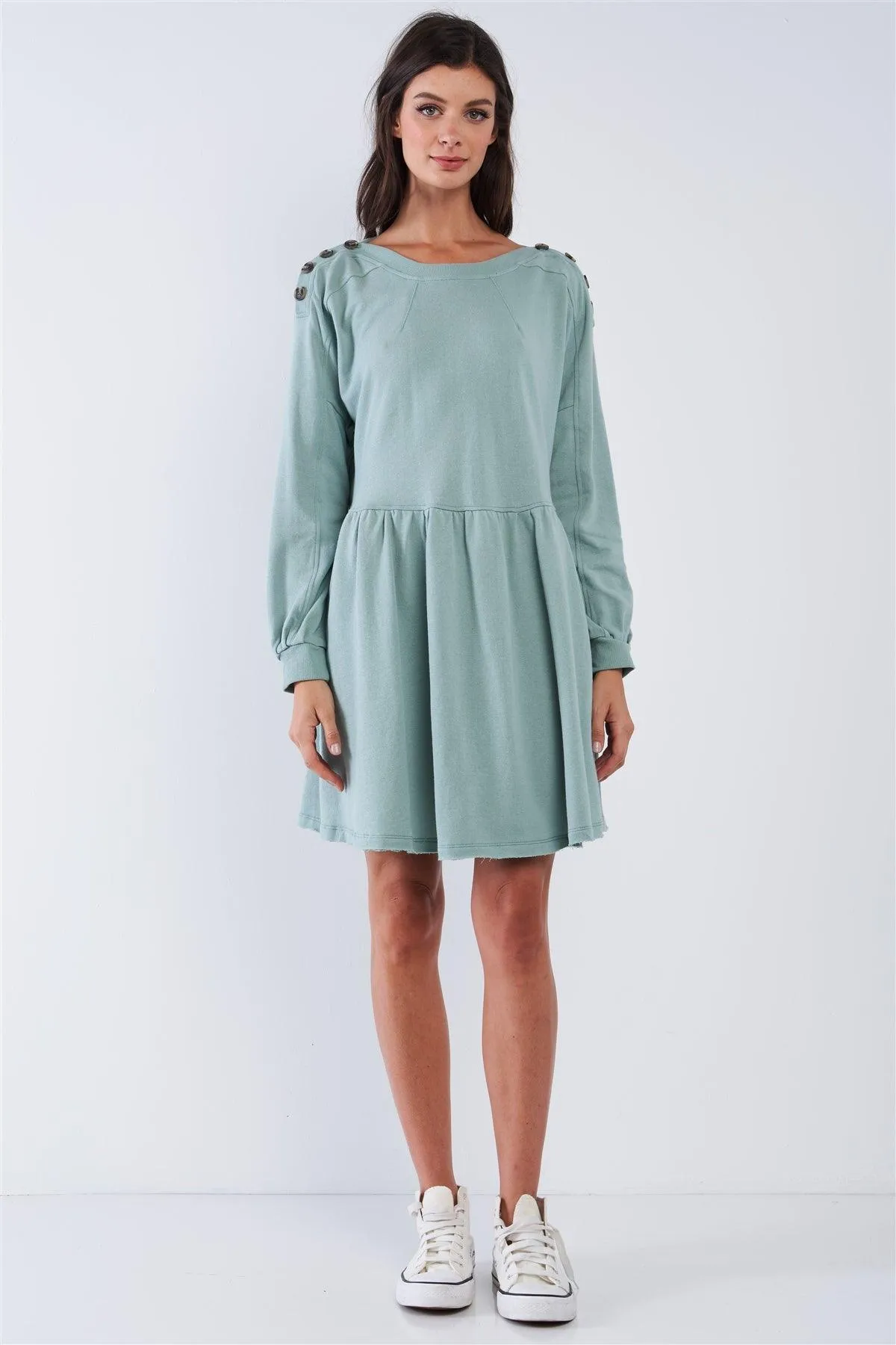 Sage Green Babydoll Loose Fit Crew Neck Long Puff Sleeve Mini Dress With Decorative Buttoned Shoulder Detail /3-2-1