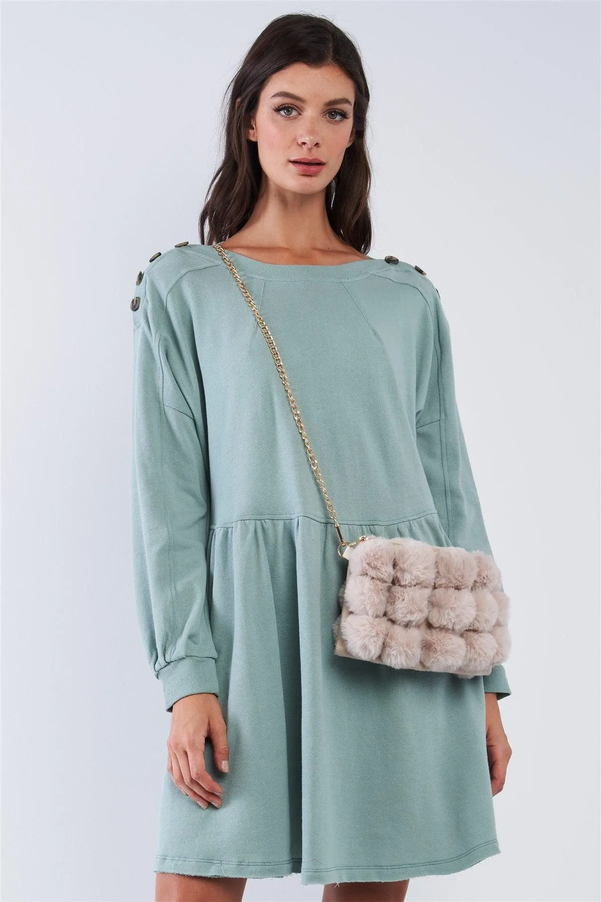 Sage Green Babydoll Loose Fit Crew Neck Long Puff Sleeve Mini Dress With Decorative Buttoned Shoulder Detail /3-2-1